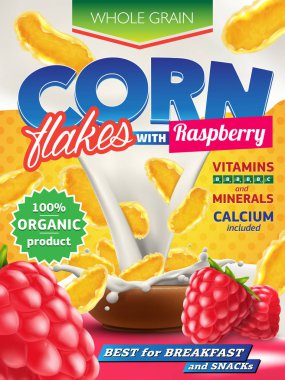 Lezzetli ahududu reklamı ve sütle süslenmiş gerçekçi mısır gevrekleri. Reklam broşürü, poster veya etiket için yüksek kaliteli sanat