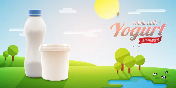 Leere Joghurt-Verpackungen auf glänzendem Outdoor-Hintergrund mit Bäumen und Kühen, flache technische Vektorillustration für Milch oder Joghurt-Produkt-Branding oder Werbedesign — Stockvektor