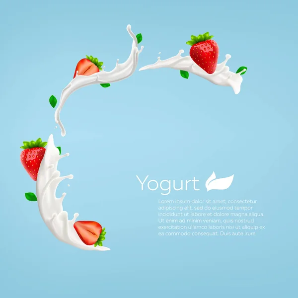 Volledige melk yoghurt wervelt achtergrond ontwerp met aardbei, commerciële vector reclame mock-up realistische illustratie — Stockvector