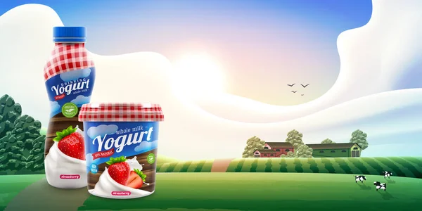 Kırsal alanda çilekli yoğurt ambalajı tasarımı, çiftlik sütü veya yoğurt ürünü markası veya reklam tasarımı için vektör çizimi
