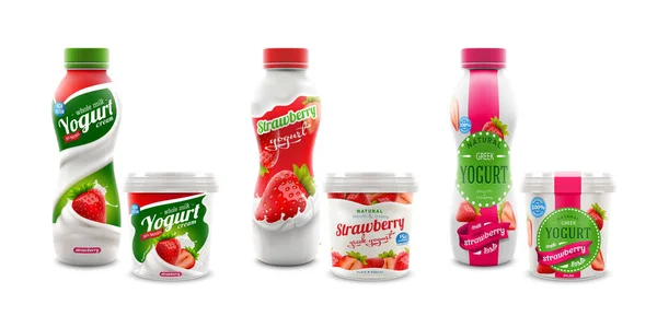 Conjunto de tres diferentes diseños de envases de yogur de fresa-01. — Vector de stock