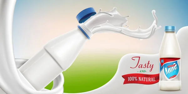 Botella de leche de vectores, listo para su diseño. Una ilustración realista de fondo del concepto de producto de bebidas con leche o yogur y botella de leche. — Vector de stock