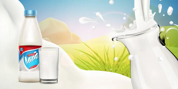 ベクトルミルクボトル、あなたのデザインのための準備ができてモックアップ。飲料製品のコンセプトの背景バナー牛乳やヨーグルトの渦巻きとミルクボトルと現実的なイラスト. — ストックベクタ