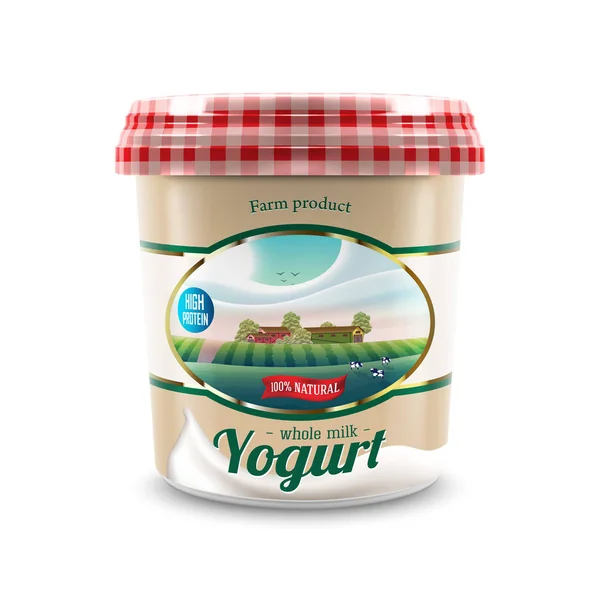 Novo design de embalagem de iogurte com rótulo agrícola rural com árvores e vacas, ilustração vetorial para a marca de produtos de iogurte agrícola ou design publicitário — Vetor de Stock