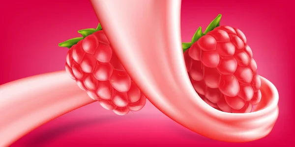 Raspberry en nata o yogurt. Ilustración de vectores para productos lácteos y diseño de bebidas de alta calidad. — Vector de stock