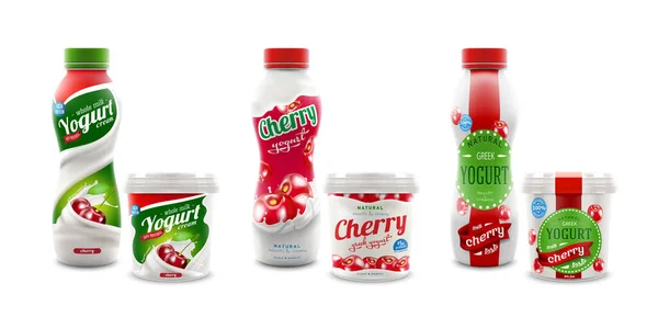 Conjunto de tres diferentes diseños de empaquetado yougurt cereza — Vector de stock