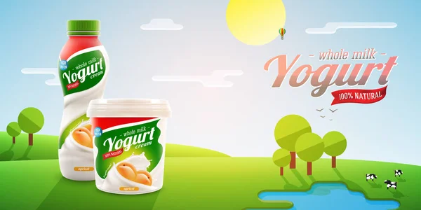 Apricot yougurt verpakking ontwerp op glanzende outdoor achtergrond met bomen en koeien, platte techniek vector illustratie voor melk of yoghurt product branding of reclame ontwerp Vectorbeelden