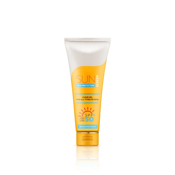 Banner pubblicitario crema solare con tubo 3d realistico, flacone e vasetto con gel o crema — Vettoriale Stock