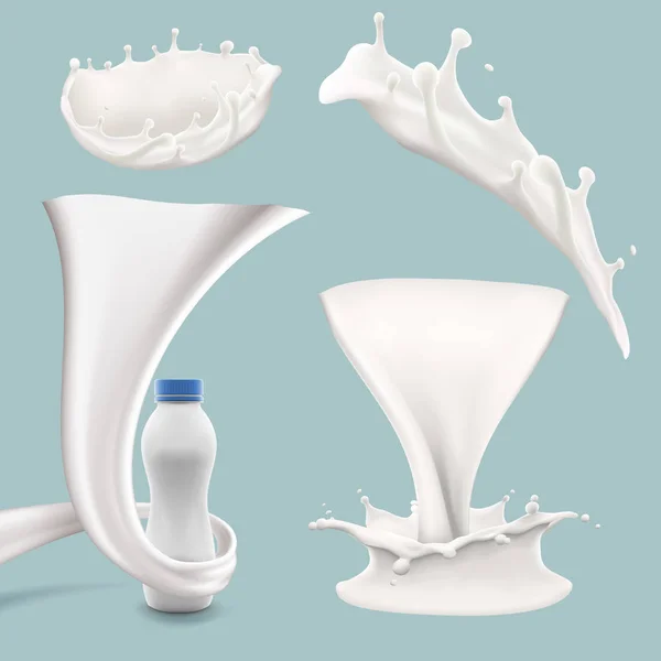 Latte intero yogurt e crema grande splash set, versamento e spruzzatura 3d vettoriale illustrazione realistica, diario bevande elementi di progettazione del prodotto, imballaggio, scatola di latte, bottiglia — Vettoriale Stock