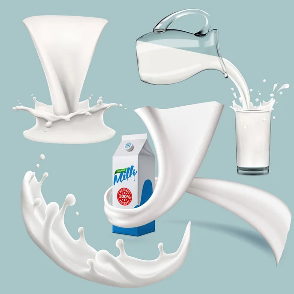 Iogurte de leite inteiro e creme grande splash set, derramamento e splashing 3d vector ilustração realista, elementos de design de produto de bebidas diário, embalagem, cartão de leite, garrafa — Vetor de Stock