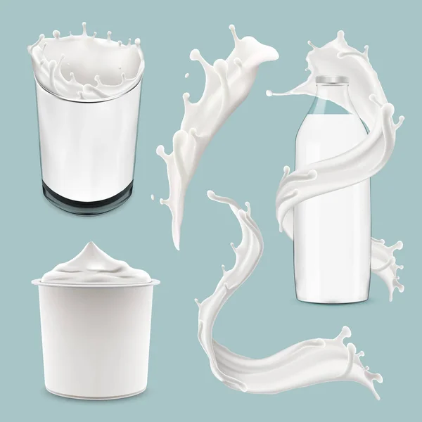 Latte intero yogurt e crema grande splash set, versamento e spruzzatura 3d vettoriale illustrazione realistica, diario bevande elementi di progettazione del prodotto, imballaggio, scatola di latte, bottiglia — Vettoriale Stock