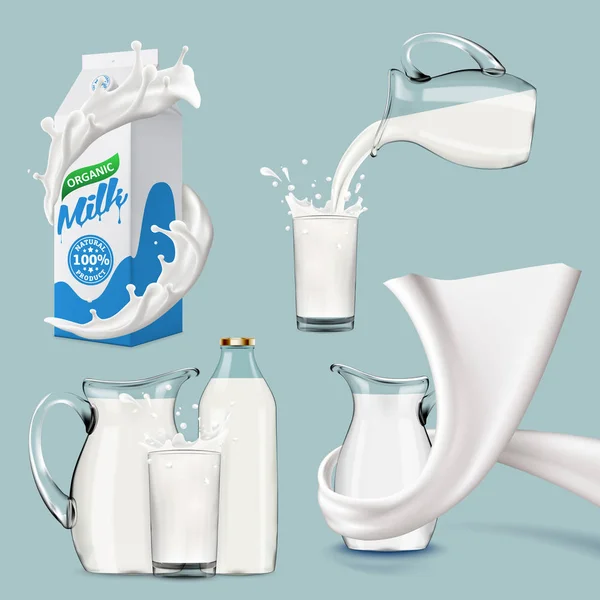 Todo el yogurt de leche y crema grande conjunto de salpicaduras, verter y romper 3d vector ilustración realista, elementos de diseño de bebidas diariales, embalaje, cartón de leche, botella. — Vector de stock