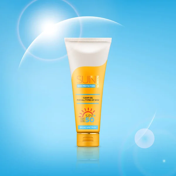 Sunscreen cream advertising banner with realistic 3d tube, bottle and jar with gel or cream