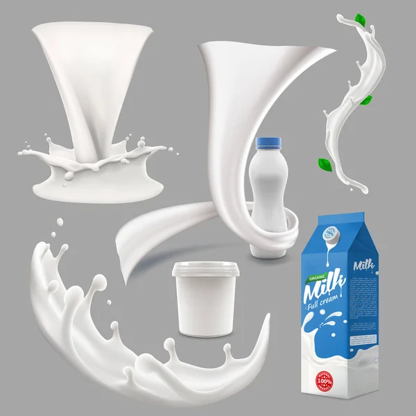 Todo el yogurt de leche y crema grande conjunto de salpicaduras, verter y romper 3d vector ilustración realista, elementos de diseño de bebidas diariales, embalaje, cartón de leche, botella. — Vector de stock