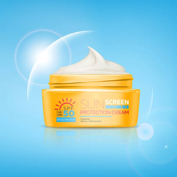 Banner pubblicitario crema solare con tubo 3d realistico, flacone e vasetto con gel o crema — Vettoriale Stock