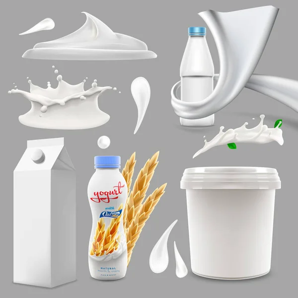 Latte intero yogurt e crema grande splash set, versamento e spruzzatura 3d vettoriale illustrazione realistica, diario bevande elementi di progettazione del prodotto, imballaggio, scatola di latte, bottiglia — Vettoriale Stock