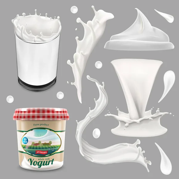 Todo el yogurt de leche y crema grande conjunto de salpicaduras, verter y romper 3d vector ilustración realista, elementos de diseño de bebidas diariales, embalaje, cartón de leche, botella. — Archivo Imágenes Vectoriales