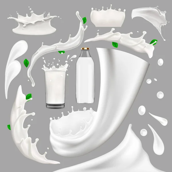 Volle melk yoghurt en room grote splash set, gieten en spatten 3d vector realistische illustratie, dagboek drank product design elementen, verpakking, melkpak, fles — Stockvector