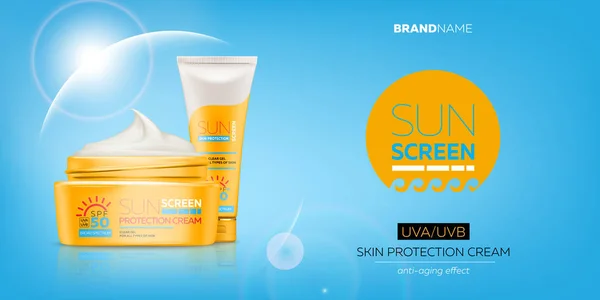 Sunscreen cream advertising banner with realistic 3d tube, bottle and jar with gel or cream
