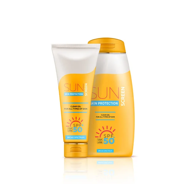 Bannière publicitaire pour crème solaire avec tube 3d réaliste, bouteille et pot avec gel ou crème — Image vectorielle