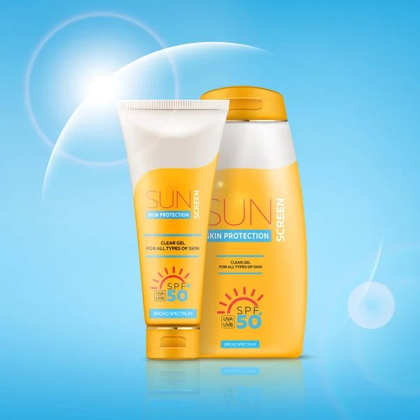 Gerçekçi 3D tüplü, jöleli ve kremalı güneş kremi reklam pankartı.