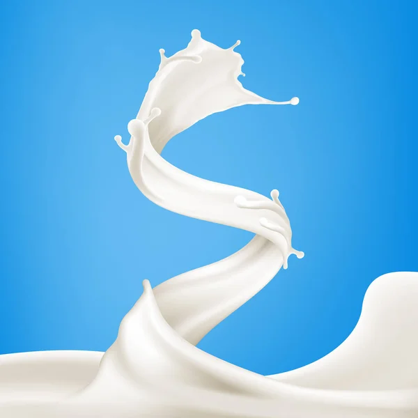 Poster, broşür, etiket ve ürün reklamları için mavi arkaplan vektör illüstrasyonuna süt girdapları serpiştirme