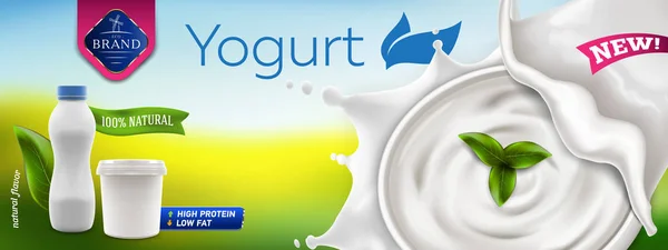 Anuncios naturales griegos y bebidas Yogurt banner con tazón de crema en envases de leche salteada y envasado en blanco, ilustración vectorial 3d de la botella de yogurt y tarro listo para la marca y la promoción de productos. — Vector de stock