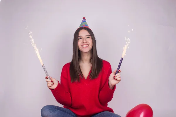 Menina Alegre Aniversário Fogos Artifício — Fotografia de Stock