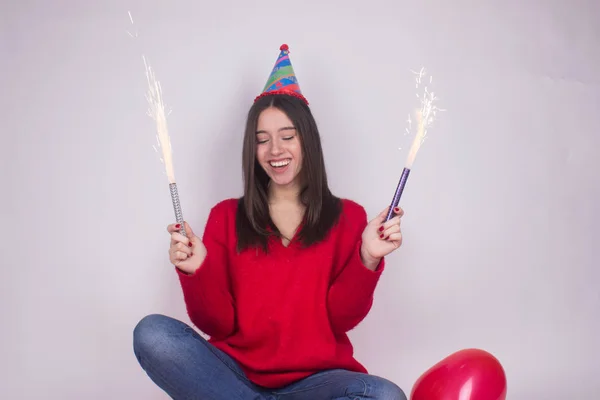 Vrolijke Meisje Verjaardag Cake Vuurwerk — Stockfoto