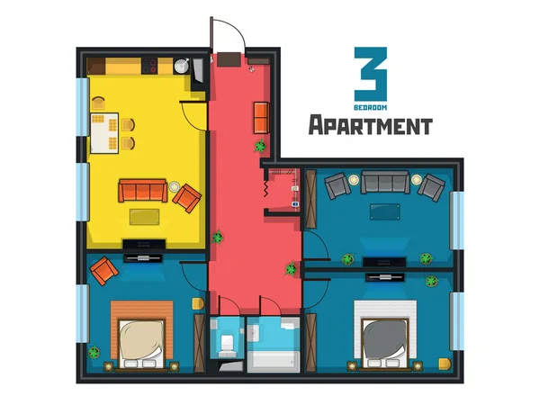 Barevné šťavnaté uspořádání prostorného bytu se třemi ložnicemi — Stockový vektor