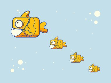 Suyun altında tıbbi maskeli düz renkli balıklar