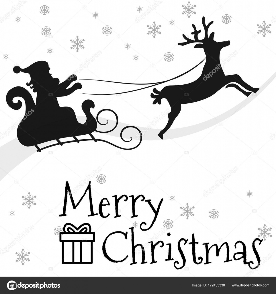 Black Silhouette Santa Claus Flying With Reindeer Sleigh