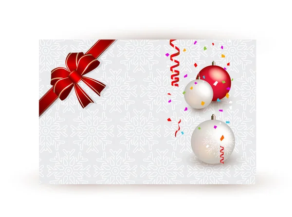 Σχεδιασμό Χριστουγεννιάτικη κάρτα με μπάλες και κορδέλα — Διανυσματικό Αρχείο