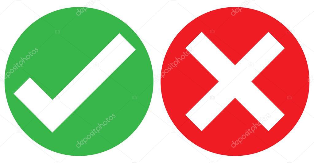 Round check boxes, green affirming and red denying, isolated vectors