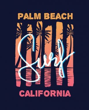 Sörf ve Palm Beach 80'tarzı Vintage Retro California sloganı yaz stil vektör tasarım tropik cenneti sahne palmiye ve tipografi t-shirt ve cihazlar için baskı, vektör çizim