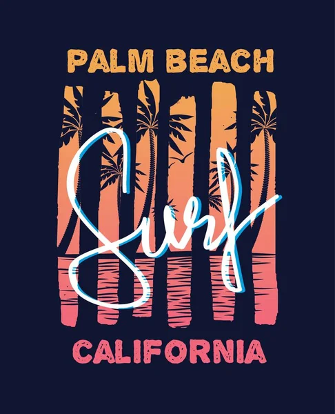 Surf and Palm Beach 80 's Style Vintage Retro California Slogan summer style vector design tropical paradise scene with palm and typography for t-shirt and apparels print, vector illustration — стоковый вектор