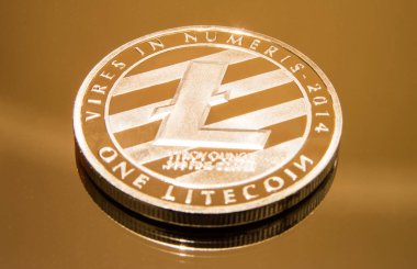Aynalı bir yüzey üzerinde Litecoin gümüşü kripto para birimi. Bir kripto para biriminin fiziksel temsili.