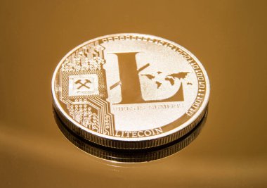 Aynalı bir yüzeyde Litecoin gümüş kripto para birimi. Şifreli para birimi 02 'nin fiziksel temsili