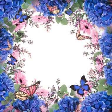 inanılmaz çiçek kartı ortancaları ve kelebekler