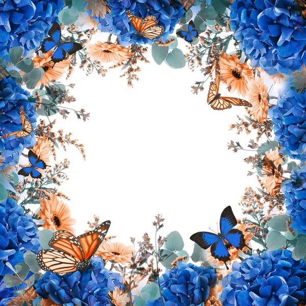Geweldige bloemen kaart met hortensia's en vlinders — Stockfoto