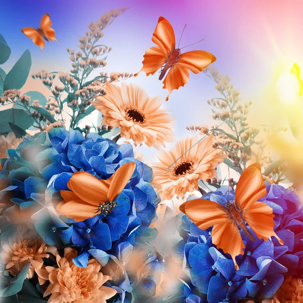 Tarjeta floral con mariposas sentadas en hortensias —  Fotos de Stock