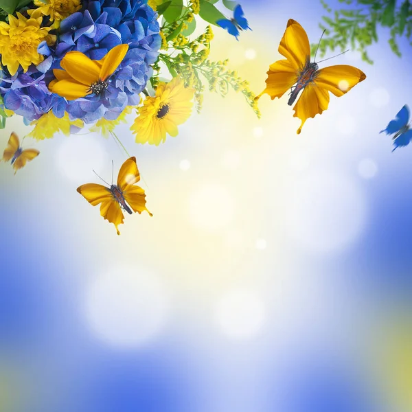 Increíble tarjeta floral con hortensias y mariposas — Foto de Stock