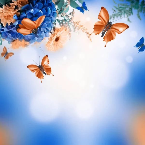 Amazing Floral card with hydrangeas and butterflies — Stock Photo, Image