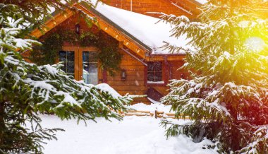  karla kaplı ağaçlarıyla çevrili bir ahşap ev