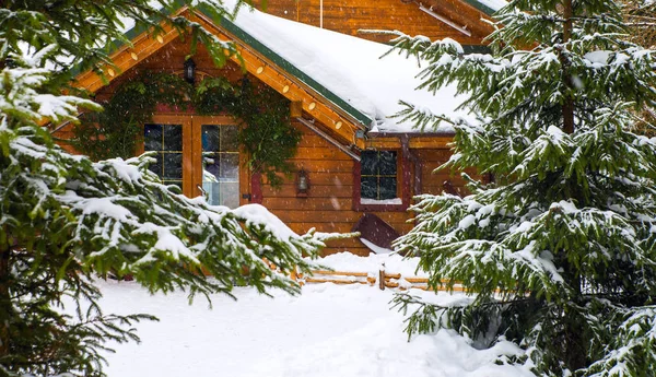 Casa de madeira cercada por árvores cobertas de neve — Fotografia de Stock