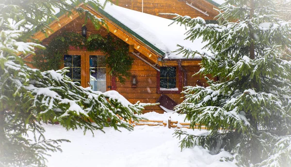 Houten huis, omringd door besneeuwde bomen — Stockfoto