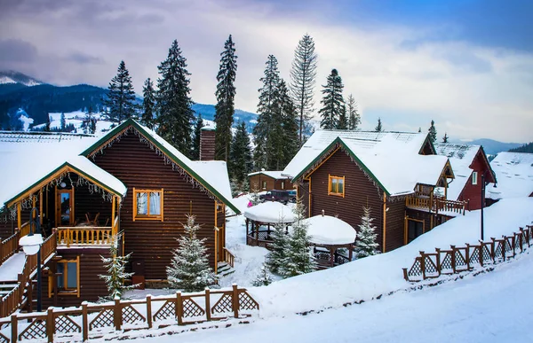 Wooden houses surrounded by snow-capped trees — Stock Photo, Image