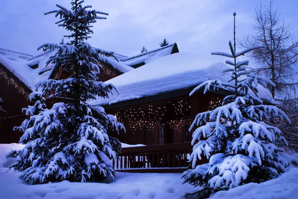 A fairy-tale house in the woods amid the snow-covered fir trees — Stock Photo, Image