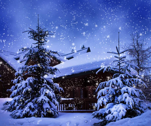 Uma casa de conto de fadas na floresta entre os abetos cobertos de neve — Fotografia de Stock