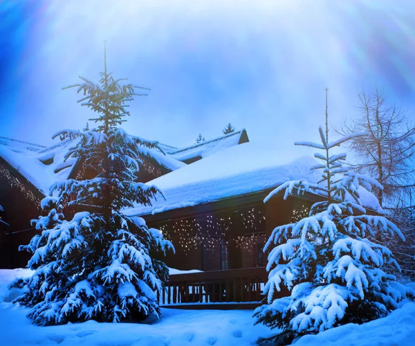 Uma casa de conto de fadas na floresta entre os abetos cobertos de neve — Fotografia de Stock